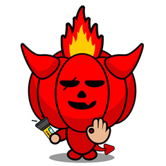 cartoon vector illustration of cute red devil pumpkin mascot character holding flashlight