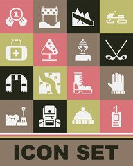 Set Identification badge, Christmas mitten, Ice hockey sticks, Mountain descent, Road sign avalanches, First aid kit, Medal and Winter athlete icon. Vector