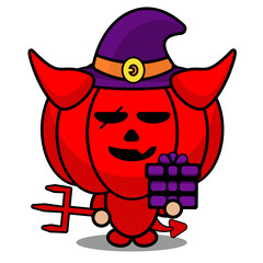 vector cartoon red devil pumpkin mascot character wearing a witch hat and holding a gift