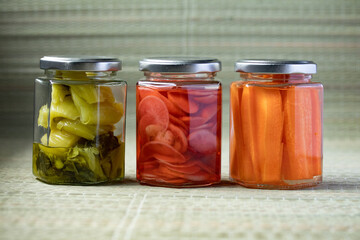 Pickled Cabbage, Pickled Reddish, Pickled Carrot in a clear glass jar