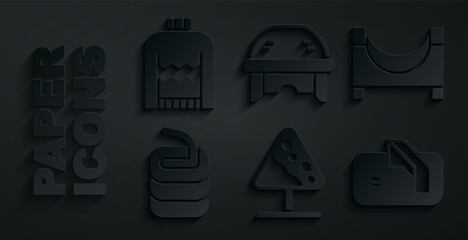 Set Road sign avalanches, Skate park, Stone for curling, Ice hockey goal, Hockey helmet and Christmas sweater icon. Vector