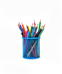 Colored photo of pencils in metal cup isolated on white background