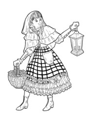 Little red riding hood. Girl in hood with basket and lantern lights her way. Fairy tale character. Black and white vector illustration