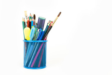 Colored photo of pencils in metal cup isolated on white background