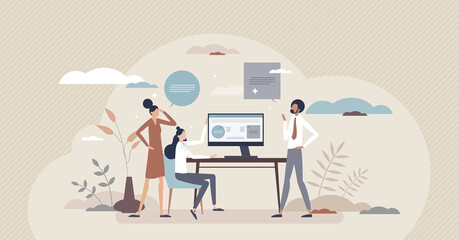 Usability testing and responsive website app checking tiny person concept. New application programming and test from customer, user or client side for easy process optimization vector illustration. © VectorMine