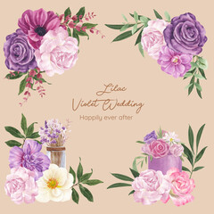 Fototapeta na wymiar Bouquet with lilac violet wedding concept,watercolor style