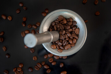 coffee beans in a mortar
