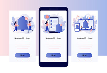 Notifications. Ring bell as reminder pop up. Tiny people get chat messages notification on smartphone. Screen template for mobile, smartphone app. Modern flat cartoon style. Vector illustration