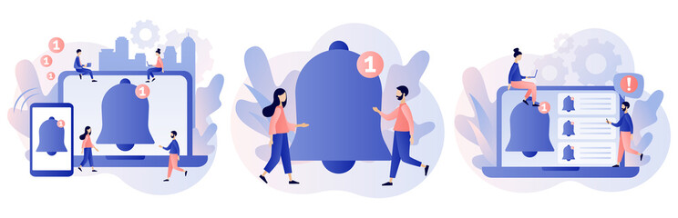 Notifications. Ring bell as reminder pop up. Tiny people get chat messages notification on smartphone or laptop. Modern flat cartoon style. Vector illustration on white background