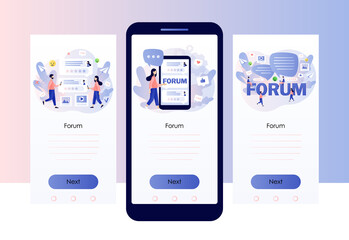 Fototapeta na wymiar Online forum concept. Chat messages, communication, conversation in social media, networking, dialog in community group. Screen template for mobile, smartphone app. Modern flat cartoon style. Vector
