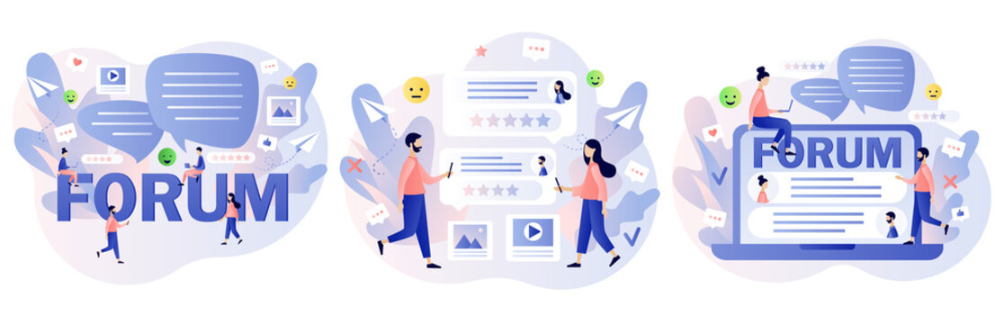 Online forum concept. Internet chat messages, dialog, conversation in social media, networking. Tiny people communication in community group. Modern flat cartoon style. Vector illustration
