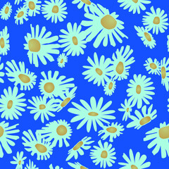 Obraz premium seamless pattern with the image of chamomile flowers on a blue background for prints on fabrics, packaging, clothes, bedding and for interior decoration, covers, frames
