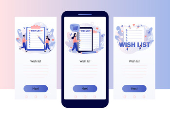 Naklejka na ściany i meble Wishlist online concept. Gift and shopping list. Tiny people writing down wishes. Personal favourites list. Screen template for mobile, smartphone app. Modern flat cartoon style. Vector illustration