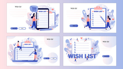 Fototapeta na wymiar Wishlist online concept. Gift or shopping list. Tiny people writing down wishes. Personal favourite list. Screen template for landing page, template, ui, web, mobile app, poster, banner, flyer. Vector