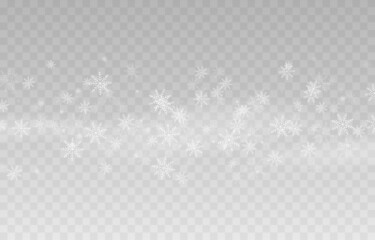Vector snow. Snow on an isolated transparent background. Snowfall, blizzard, winter, snowflakes. Christmas image.