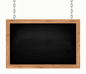Signboard hanging on metal chains. wooden frame sign. Vector