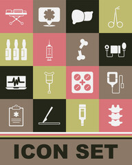 Set Human spine, IV bag, Blood pressure, organ liver, Syringe, Medical vial, ampoule, Stretcher and broken bone icon. Vector