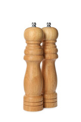 Wooden salt and pepper shakers isolated on white. Spice mill