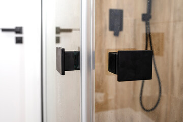 Enclosed glass shower door with matte black handles in a modern bathroom.