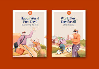 Postcard template with world post day concept,watercolor style