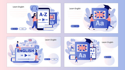 Language courses or school online. Tiny people learning English. Distance education. Screen template for landing page, template, ui, web, mobile app, poster, banner, flyer. Vector illustration