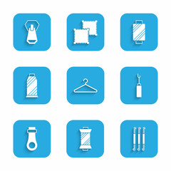 Set Hanger wardrobe, Sewing thread on spool, Crochet hook, Awl tool, Zipper, and icon. Vector