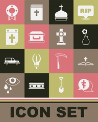 Set Grave with cross, Holy bible book, Flower in vase, Church tower, Coffin, Calendar death, Memorial wreath and icon. Vector