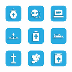 Set Funeral urn, Dove, Calendar death, Hearse car, Grave with cross, Holy bible book, Tombstone RIP written and icon. Vector