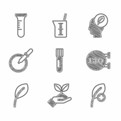 Set Test tube and flask, Plant in hand, Leaf or leaves, Bio healthy food, Petri dish with pipette, Human head leaf inside and icon. Vector