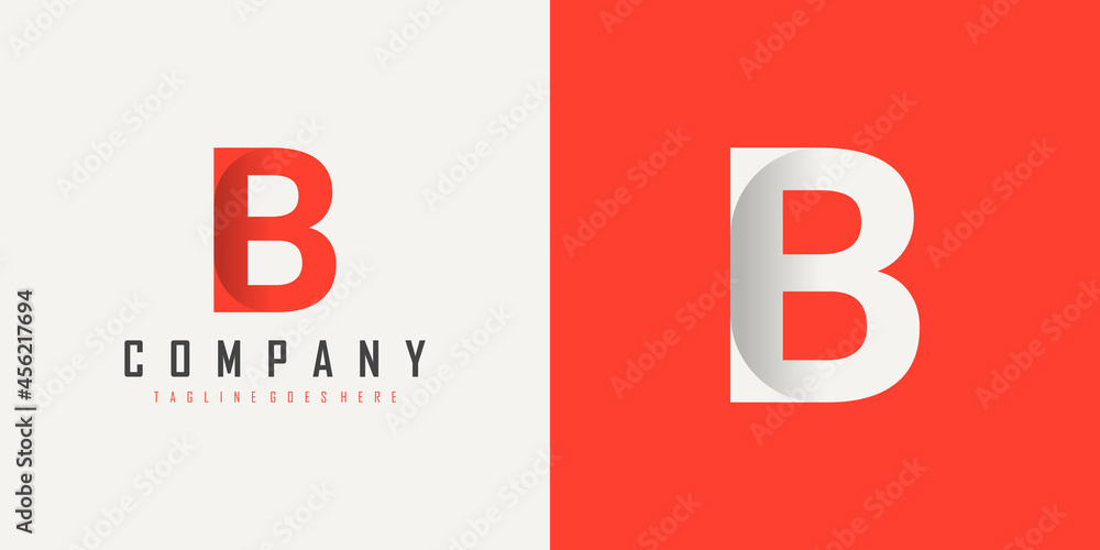Poster initial letter b logo. red and white alphabet origami style with shadow isolated on double backgroun