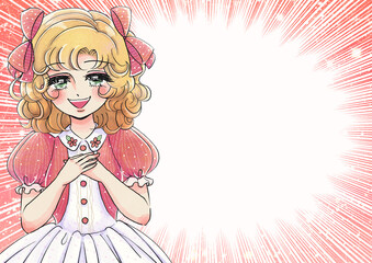 少女アニメ風・胸に手を当てて喜ぶお姫さまの集中線バナー