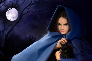 a girl in a witch costume sits at night with a black cat