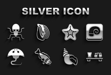 Set Fish, Octopus on a plate, Sushi cutting board, Scallop sea shell, Stingray, Starfish, and Mussel icon. Vector