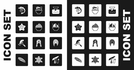 Set Whale tail in ocean wave, Caviar, Starfish, Shrimp, Shark fin soup, Served on bowl, Fish steak and plate icon. Vector