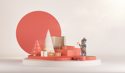 Minimal scene with balls and pine trees, gifts, podium with gold and red platform. Podium, stand for christmas holiday winter concept and magazines, poster, banner. 3D rendering