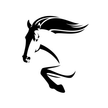 recommend clip art: beautiful mustang horse jumping forward - speeding stallion side view black and white vector head and legs portrait
