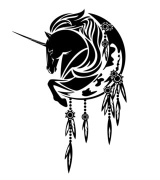 recommend clip art: mythical unicorn horse and moon crescent decorated with ethnic feather ornament - dream catcher black and white vector design