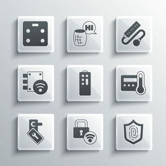 Set Digital door lock, Fingerprint, Thermostat, Remote control, Smart bathroom scales and Electric extension cord icon. Vector