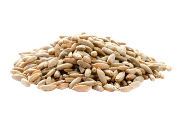 Pile of dry rye seeds isolated on white background. Rye grain isolated on white background. Heap of ripe seeds of winter rye on a white background. Pile of grains of rye. Isolated.