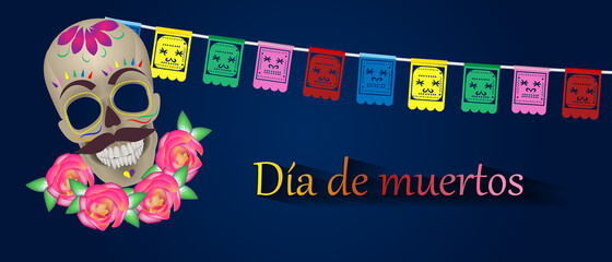 Día de los Muertos, Mexican holiday - Day of the Dead. Vector illustration of realistic sugar skull - mexican festive multicolored flags