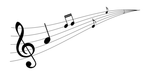 Musical composition with lines, treble clef and notes on a white background. Template for a postcard, flyer or brochure. 