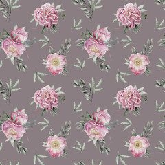 Watercolor pink roses pattern, hand drawn botanical tiled texture, Delicate floral seamless background for textile, wallpapers or wrapping paper, Bohemian flowers, leaves and stems