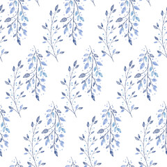 Fototapeta na wymiar Delicate retro watercolor textured winter floral seamless pattern with frozen tree branch with leaves and snowflake dots. Vintage navy blue plant watercolour silhouette on white backdrop.