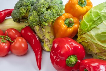 Fresh vegetable isolated nutrition healthy. Broccoli, cabbage, tomatoes, peppers.