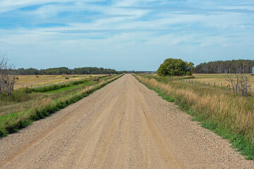A gravel road along a field of bales in the prairies of rural Saskatchewan, Canada.