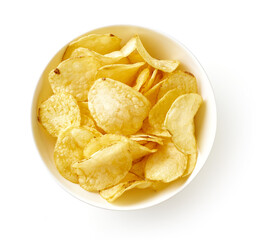 Potato chips isolated on white background, from above