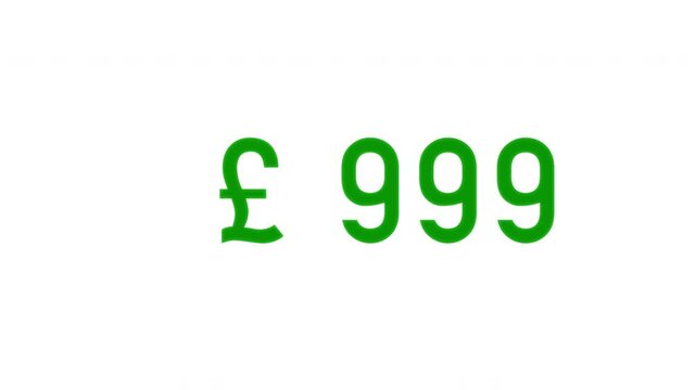 Exponential growth concept. Sliding digits of British pound amount growing faster and faster. Green digits on white background.