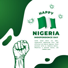 Square Banner illustration of Nigeria independence day celebration. Waving flag and hands clenched. Vector illustration. - obrazy, fototapety, plakaty