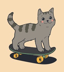 Cat skateboarder. Cute kitten pet standing on the skateboarding. Street sports character isolated vector illustration 