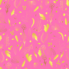 Vector seamless pattern of leaves and twigs. Golden botanical illustration